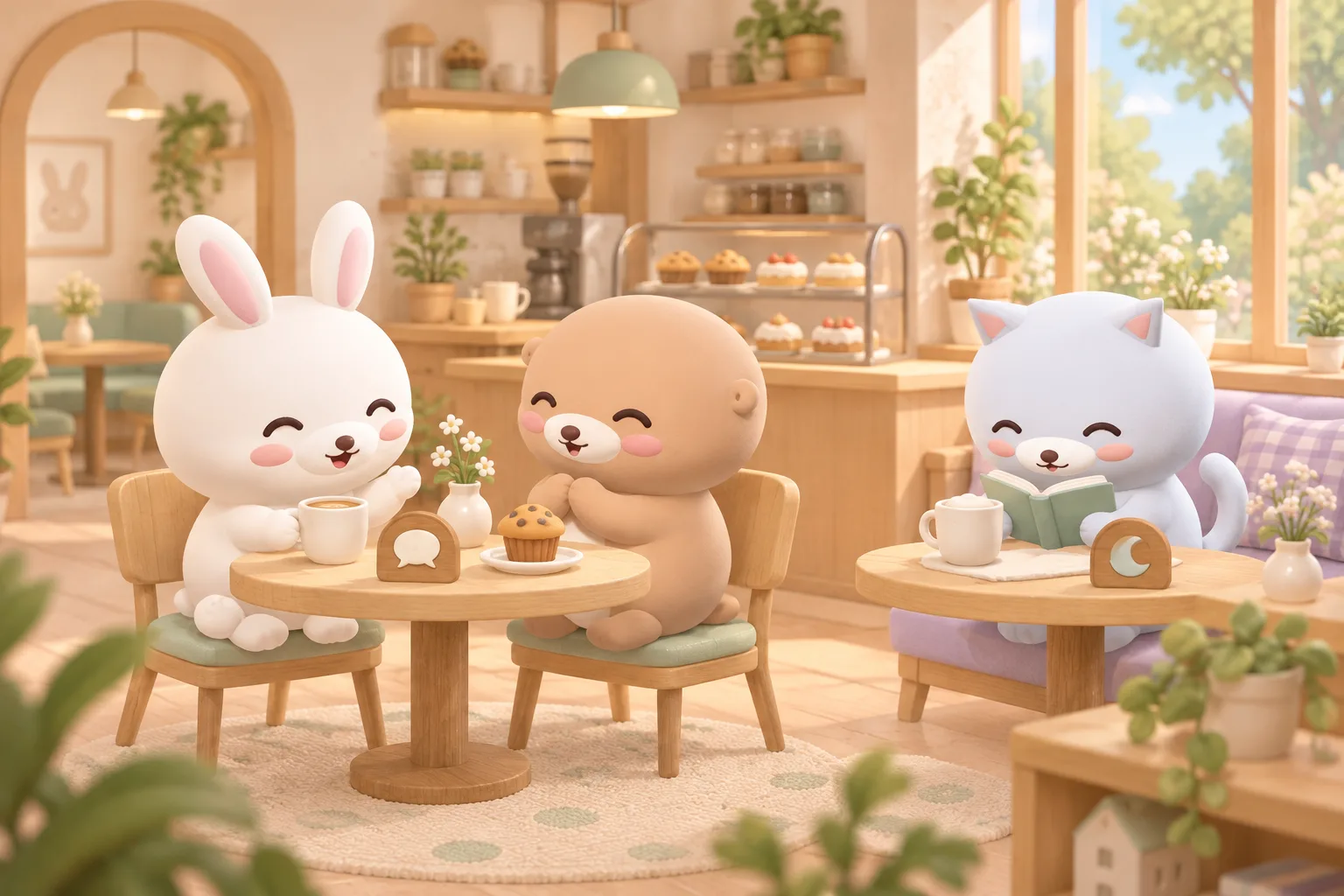 따뜻한 펫 카페에서 토끼와 수달이 이야기를 나누고, 고양이는 옆자리에서 조용히 책을 읽는 창작 그림