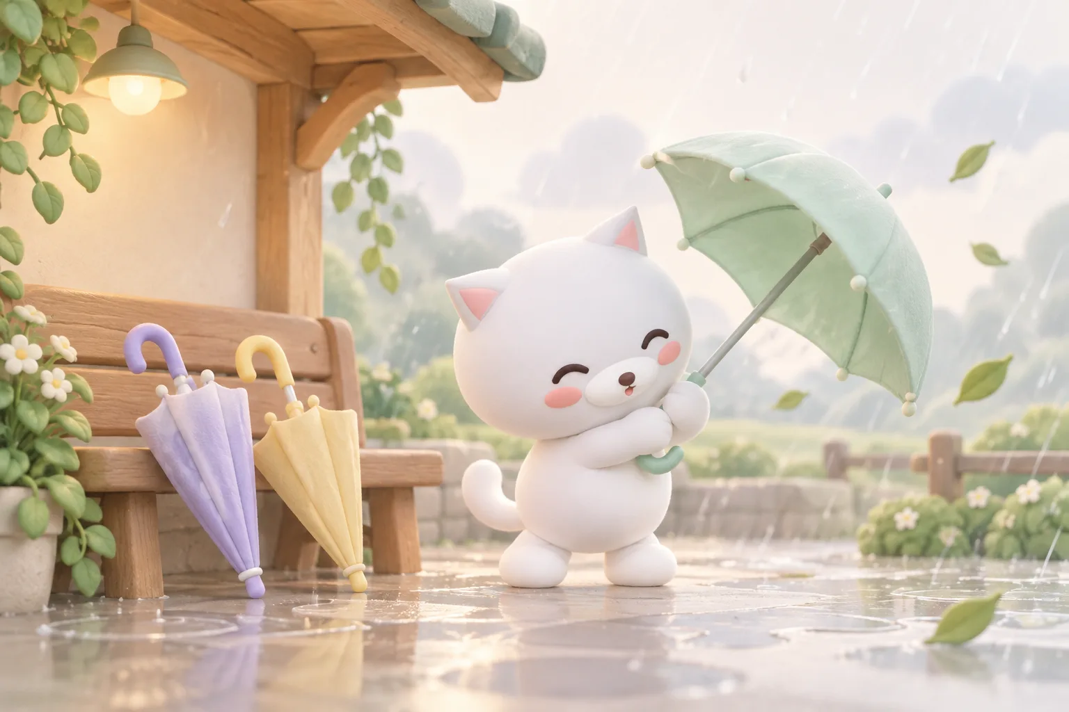 작은 흰 고양이가 빗속에서 민트색 우산을 들고, 벤치 옆의 보라색·노란색 우산을 바라보는 창작 그림